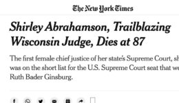 NYTimes headline announcing Shirley Abrahamson's death