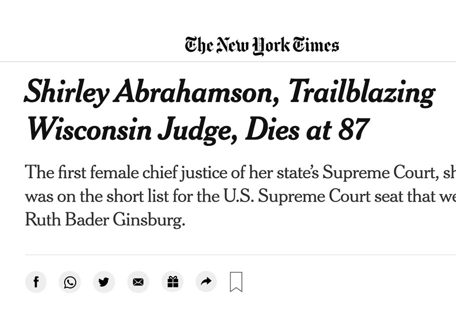 NYTimes headline announcing Shirley Abrahamson's death