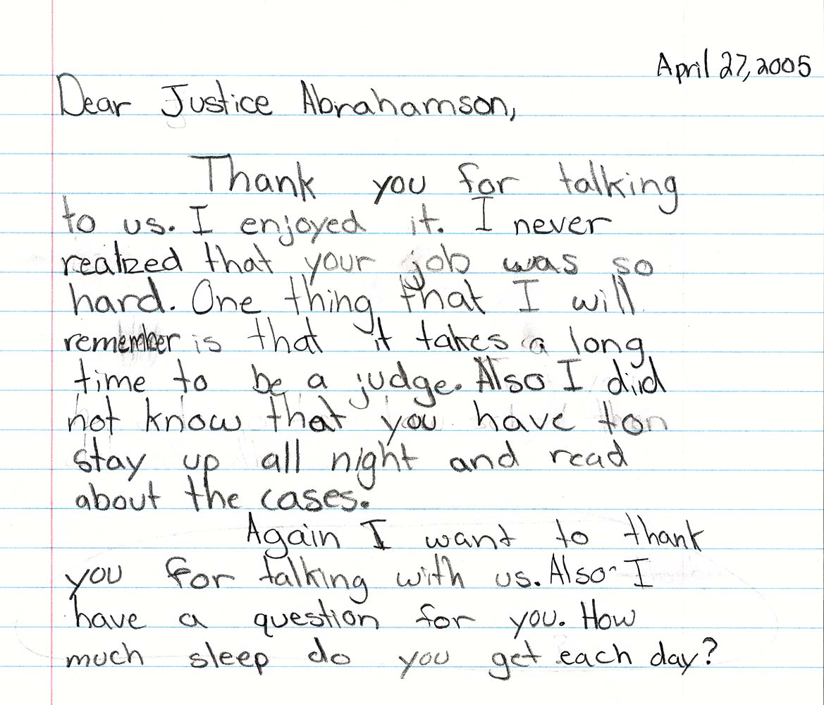 Letter from a 4th grader to Chief Justice Shirley Abrahamson in 2005