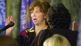 Peg Lautenschlager being sworn in as attorney general