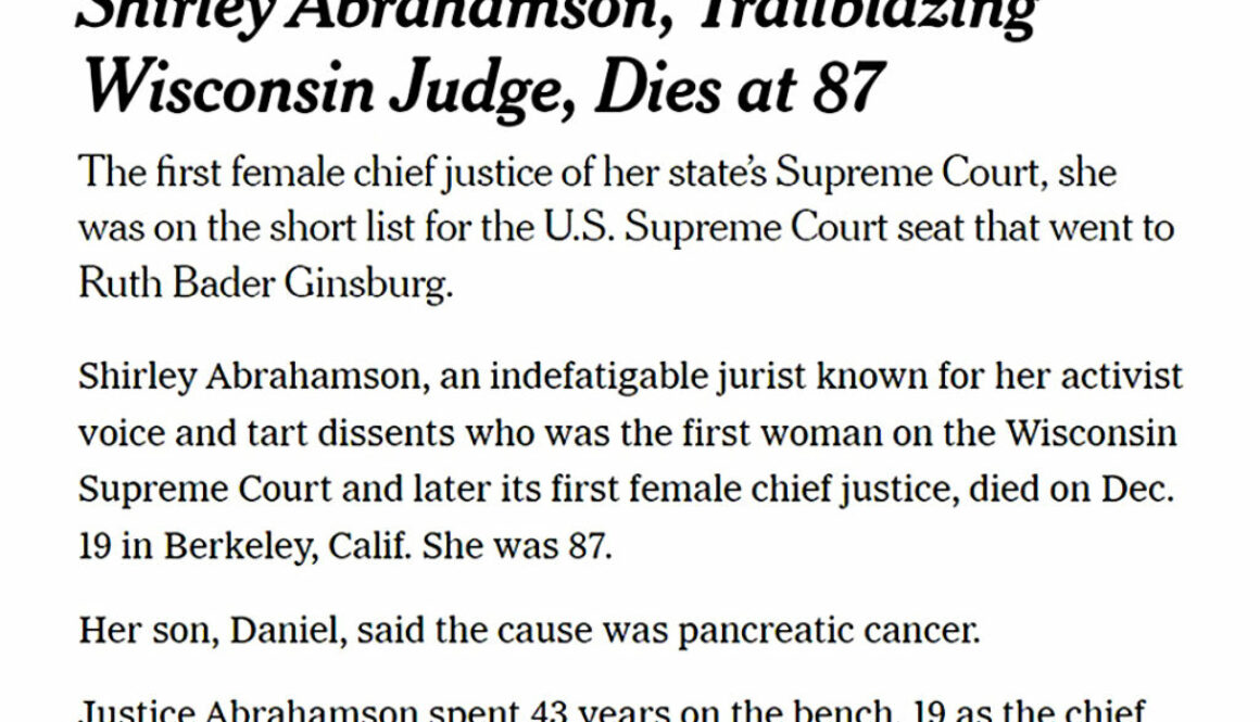 Shirley Abrahamson's obituary. Photo: article by Richard Sandomir, New York Times 1-15-21