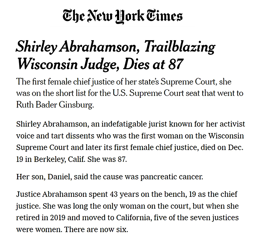 Shirley Abrahamson's obituary. Photo: article by Richard Sandomir, New York Times 1-15-21