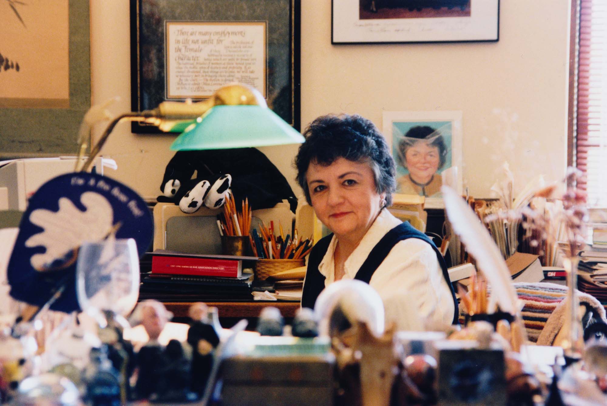 Shirley Abrahamson in her chambers, sitting at her cluttered desk
