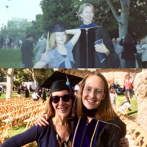 Ann Lombard at two graduations-the first her own and the second as a guest.