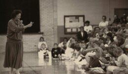 Justice Abrahamson addressing a crowd of elementary school children